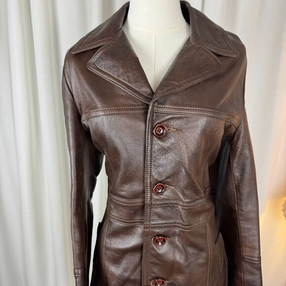 Vintage 1970s Brown Leather Coat Made in Canada by Norwest Leatherworks sz Large - Picture 3 of 15